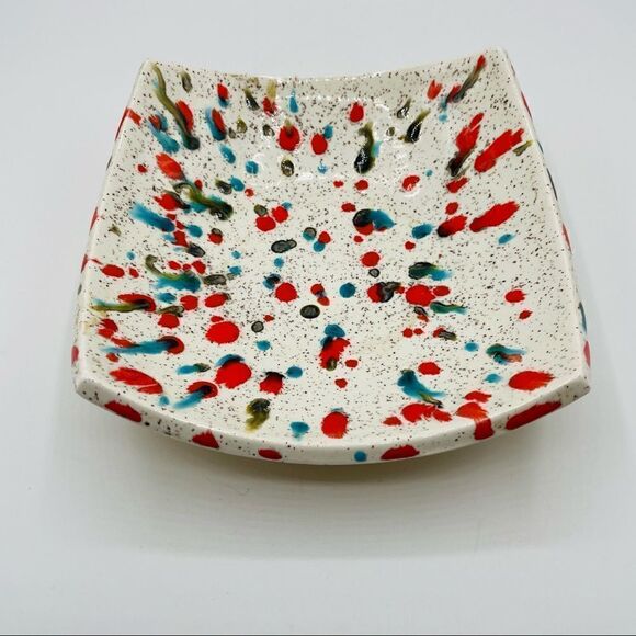 Vintage Handmade Speckled Red Blue Ceramic square Bowl - Picture 1 of 5